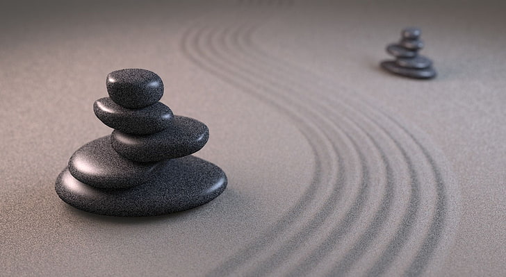 grauer Zen gestapelte Steine, Kunst, Sand, Steine, Pyramide, Linien, Nuten, HD-Hintergrundbild