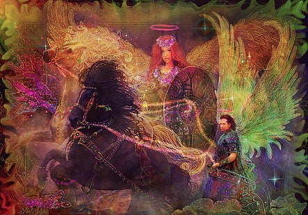 Arcanjos Ariel e Metatron, asas, homem, cavalo, mulher, arte, HD papel de parede HD wallpaper