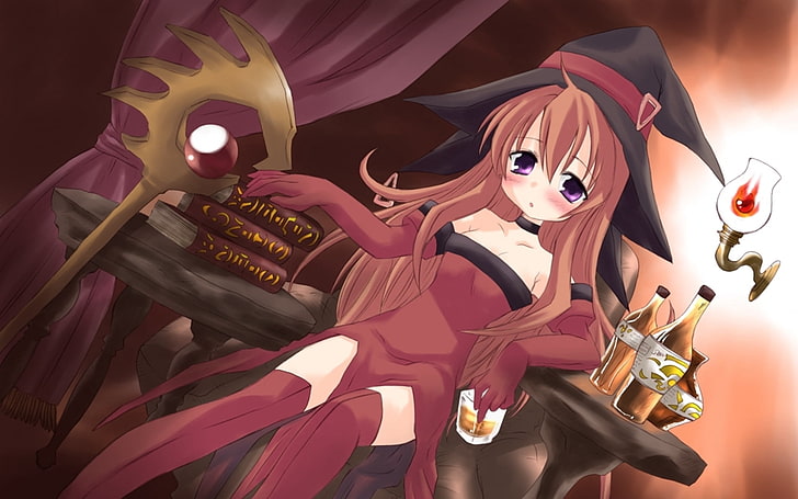 personagem de animação feminina em trajes de bruxa, menina, bruxa, chapéu, livro, olhar, HD papel de parede