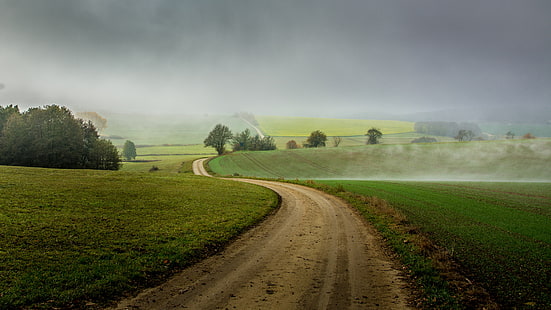 Feldweg, Landschaft, trübes Wetter, bewölkt, ländliches Gebiet, HD-Hintergrundbild HD wallpaper