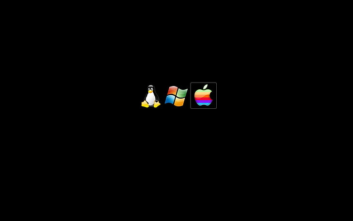 Apple Inc Linux Tux Microsoft Windows логотипи черен фон Технология Apple HD Art, Linux, логотипи, Tux, черен фон, Apple Inc., Microsoft Windows, HD тапет