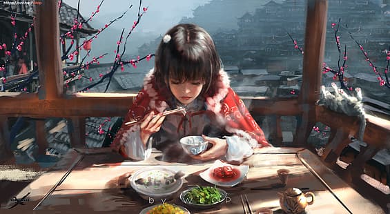 WLOP ، فتيات الأنمي ، مهرجان الربيع ، فستان صيني ، طعام صيني، خلفية HD HD wallpaper