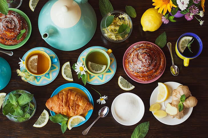Zitrone, Tee, Honig, Tasse, Gras, Kuchen, Brötchen, Croissant, Kräuter, HD-Hintergrundbild