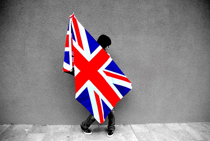 Флаг на Обединеното кралство, момиче, стена, флаг, флаг на Великобритания, HD тапет