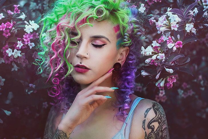colorful, painted nails, flowers, closed eyes, tattoo, makeup, hands, face, women, model, HD wallpaper