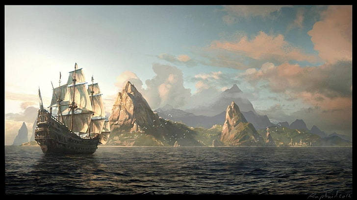 коричневый пиратский корабль, плывущий по водной глади, пейзаж, произведения искусства, корабль, HD обои