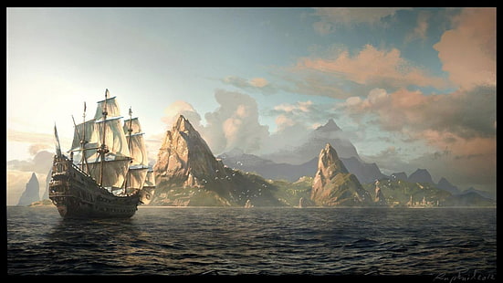 brązowy statek piracki pływający po akwenie, krajobraz, dzieła sztuki, statek, Tapety HD HD wallpaper