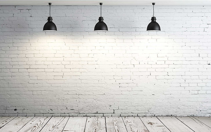 three black pendant lamps, room, lamp, simple, white, wooden floor, bricks, interior, HD wallpaper