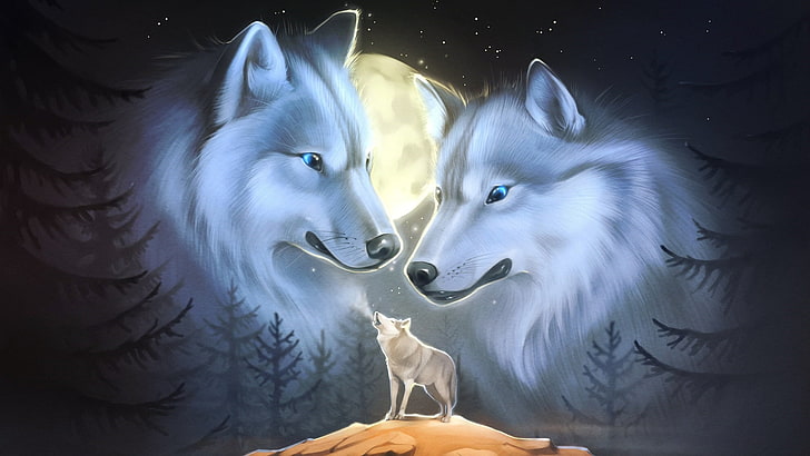 white wolf, head, wildlife, wolf, howling, night, moon, cg artwork, wolf howling, imagination, roar, art, drawing, HD wallpaper