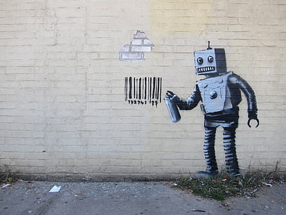 Banksy, graffiti, beton, ściana, urban, robot, kod kreskowy, sztuka uliczna, Tapety HD HD wallpaper