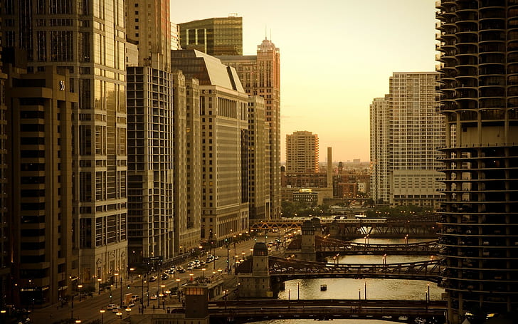 фотография, градски пейзаж, град, градски, сграда, небостъргач, река, улица, Чикаго, мост, HD тапет