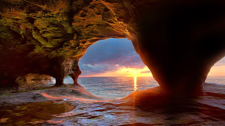 paysage, horizon, coucher de soleil, lac, grotte, Lac Supérieur, Michigan, USA, Fond d'écran HD