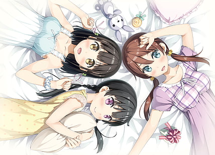 Una stanza, anime girls, Hanasaka Yui, Momohara Natsuki, Aoshima Moka, Kantoku, Sfondo HD HD wallpaper