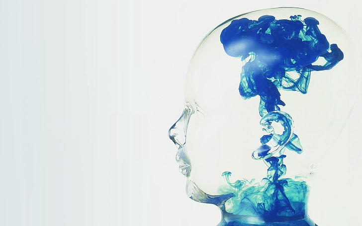 blue abstract human brain illustration, face, image, profile, light, smoke, HD wallpaper