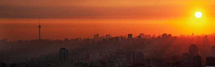 Iran, Teheran, miasto, Milad Tower, wieża, zachód słońca, Tapety HD