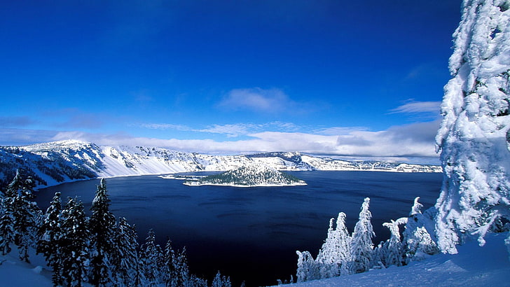 schneebedeckte Berge, Landschaft, Schnee, Insel, Winter, Bäume, Wolken, Himmel, HD-Hintergrundbild