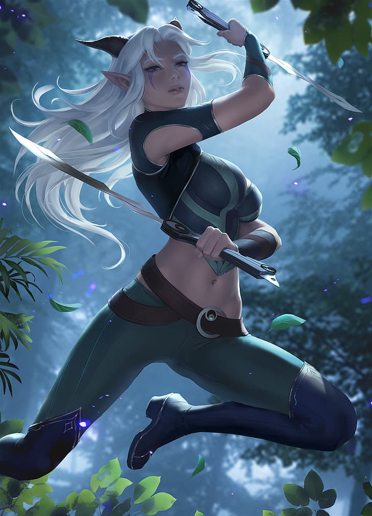 Rayla, The Dragon Prince, fantasy girl, horns, pointy ears, white hair, sword, crop top, pants, knee-high boots, forest, 2D, artwork, drawing, fan art, Zarory, HD wallpaper
