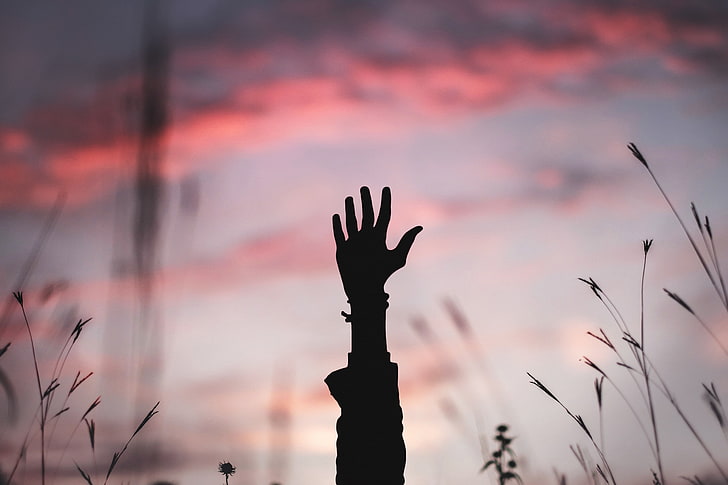 person's hand, hand, silhouette, sunset, HD wallpaper
