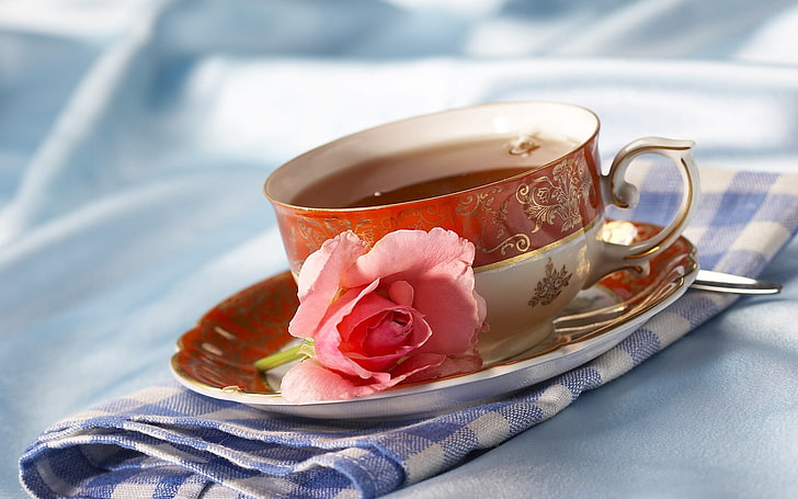красно-белая цветочная керамическая чашка с блюдцем и розовой розой, чай, чашка, салфетка, роза, цветок, чаепитие, HD обои