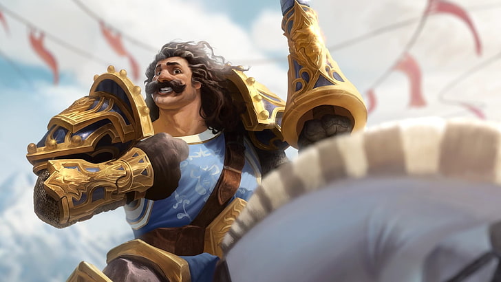 wallapper de personagem de desenho animado, cavaleiro, circo, armadura, sorridente, bigode, cabelos longos, animação, Hearthstone: Heroes of Warcraft, HD papel de parede