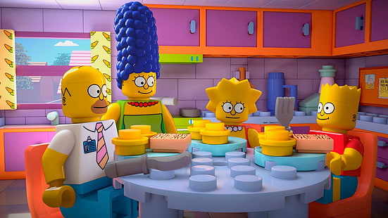 LEGO The Simpsons i kökstapet, The Simpsons, LEGO, Homer Simpson, Marge Simpson, Lisa Simpson, Bart Simpson, HD tapet HD wallpaper