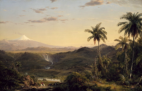 Frederic Edwin Church, paesaggio, pittura, arte classica, cascata, palme, arte tradizionale, Sfondo HD HD wallpaper