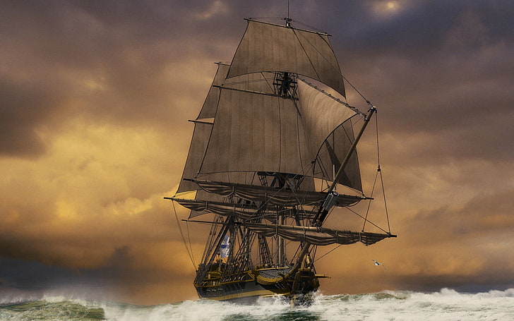 черный галеон в море живопись, лодка, произведение искусства, пираты, HD обои