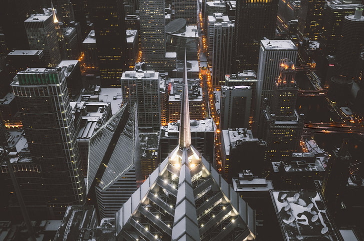 회색 콘크리트 건물, 타워 건물의 공중보기 사진, 도시 풍경, 시카고, 겨울, HD 배경 화면
