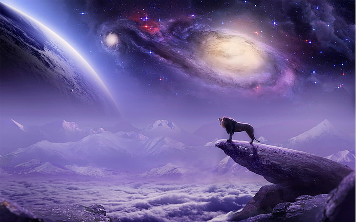 волк, стоящий перед Млечным путем, иллюстрация, живопись, аэрография, цифровое искусство, лев, пейзаж, горы, галактика, облака, HD обои