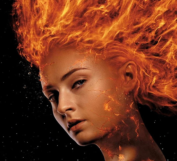 X-Men: Dark Phoenix (2018), cartaz, filme, laranja, preto, histórias em quadrinhos, Sophie Turner, fogo, fantasia, menina, fênix negra, atriz, rosto, HD papel de parede