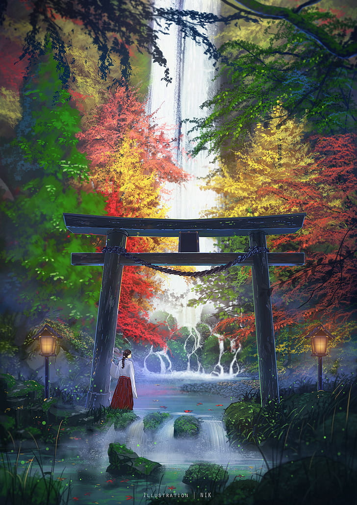 colorful, torii, lamp, digital art, portrait display, trees, illustration, stones, waterfall, Japanese, artwork, stream, fall, drawing, women, HD wallpaper