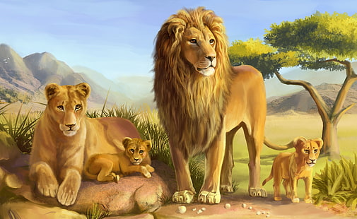 Aslan ailesi, aslan hayvan fotoğraf, sanatsal, çizimler, vahşi, aslanlar, hayvanlar, HD masaüstü duvar kağıdı HD wallpaper