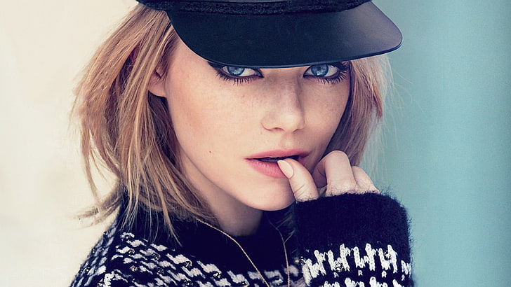 черно-бял пуловер, Ема Стоун, шапка, сини очи, актриса, HD тапет