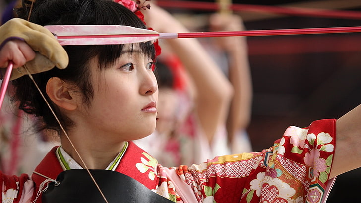 Japanese, women, bow, martial arts, Kyudo, face, archer, archery, HD wallpaper