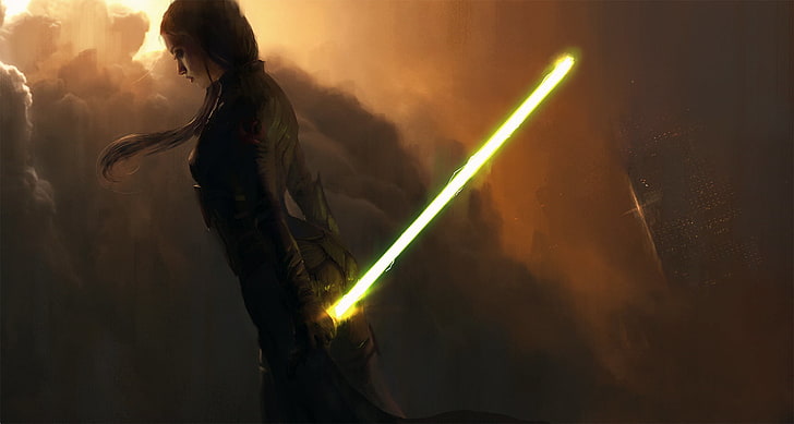 wanita memegang wallpaper pedang lightsaber putih, Star Wars: The Force Membangkitkan, Pemberontak, hijau, lightsaber, Star Wars, Wallpaper HD