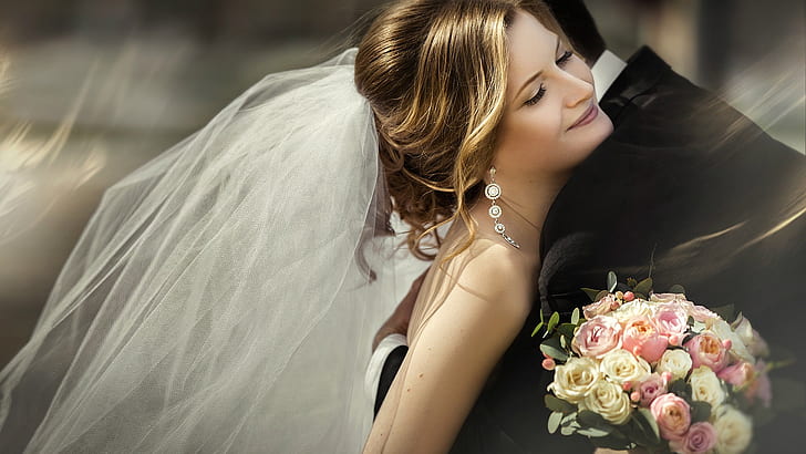 Beautiful bride, veil, bouquet, joy, hugs, Beautiful, Bride, Veil, Bouquet, Joy, Hugs, HD wallpaper