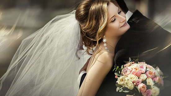 Schöne Braut, Schleier, Blumenstrauß, Freude, Umarmungen, Schöne, Braut, Schleier, Blumenstrauß, Freude, Umarmungen, HD-Hintergrundbild HD wallpaper