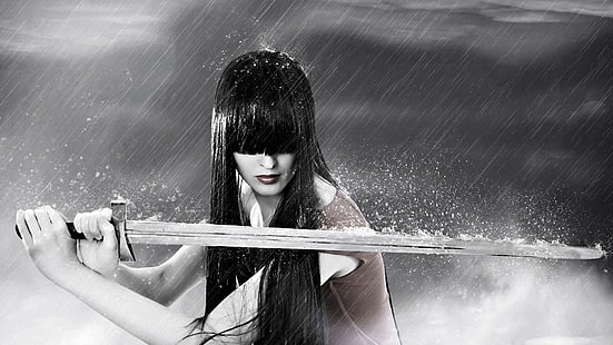 модель, женщины, выборочная раскраска, фантазийная девушка, длинные волосы, меч, дождь, воин, фэнтези-арт, цифровое искусство, HD обои HD wallpaper