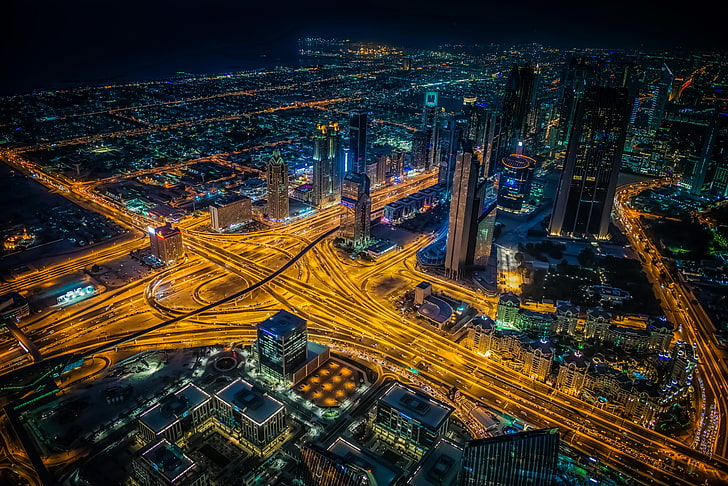time-lapse photography of vehicles passing street, night city, view from above, intersection, roads, skyscrapers, dubai, HD wallpaper