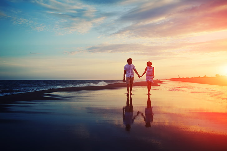 men's beige shorts, sea, love, sunset, pair, relationship, promenade, HD wallpaper