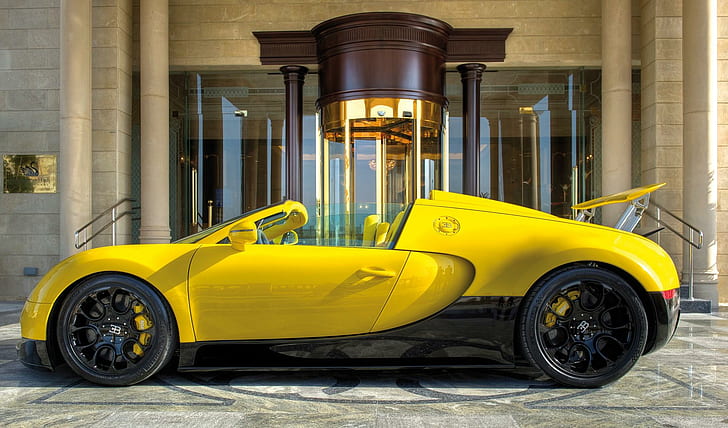 Bright Veyron, veyron, sports, yellow, black, supercar, super, bugatti, cars, HD wallpaper