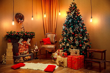 украса, топки, дърво, Нова година, Коледа, подаръци, дизайн, подарък, стая, интериор, дом, Весела, ела, HD тапет HD wallpaper