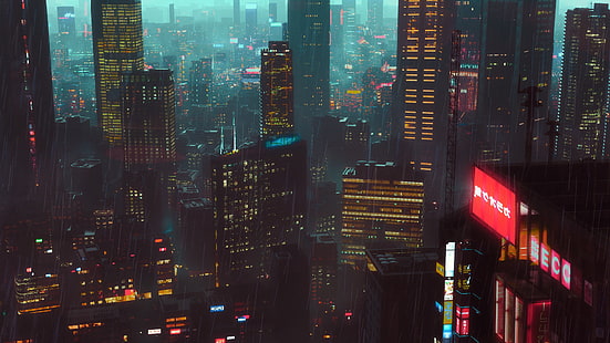cityscape, night, Asia, digital art, rain, city, HD wallpaper HD wallpaper