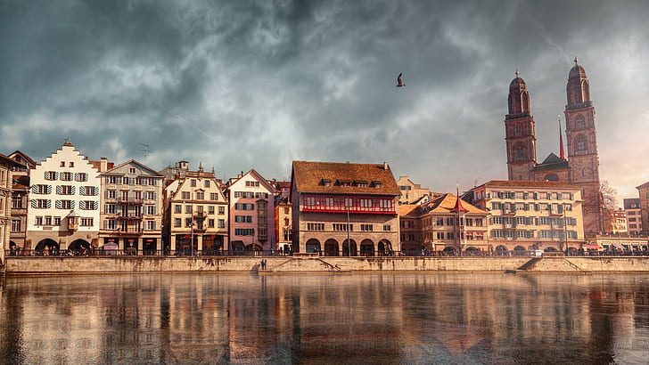 architecture, building, old building, clouds, Zurich, Switzerland, house, cathedral, birds, water, river, reflection, tower, arch, street, people, HD wallpaper