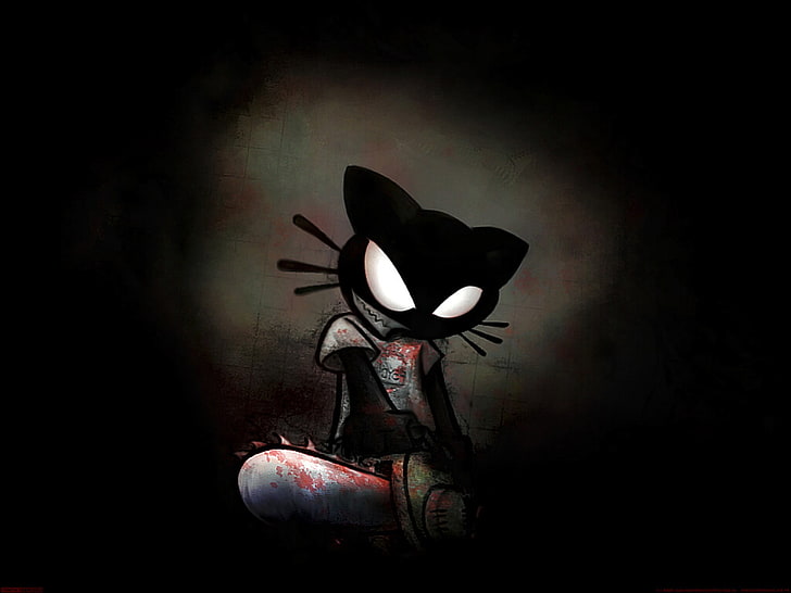 black cat illustration, horror, chainsaws, artwork, blood, cat, dark, HD wallpaper