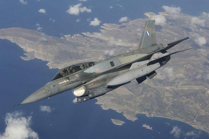 серый истребитель, реактивные истребители, General Dynamics F-16 Fighting Falcon, F-16, греческий, HD обои