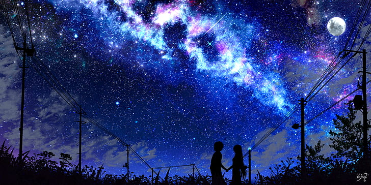 อะนิเมะ, ต้นฉบับ, เด็กผู้ชาย, เด็กผู้หญิง, ดวงจันทร์, ดาวยิง, ท้องฟ้าเต็มไปด้วยดวงดาว, วอลล์เปเปอร์ HD