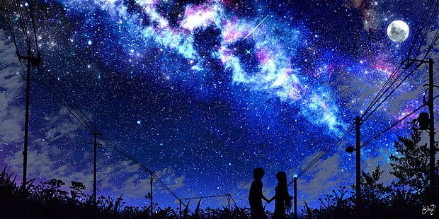 Anime, Original, Menino, Menina, Lua, Estrela cadente, Céu estrelado, HD papel de parede HD wallpaper