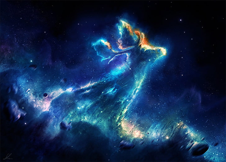 青い星雲のグラフィックの壁紙、宇宙、デジタルアート、宇宙芸術、 HDデスクトップの壁紙
