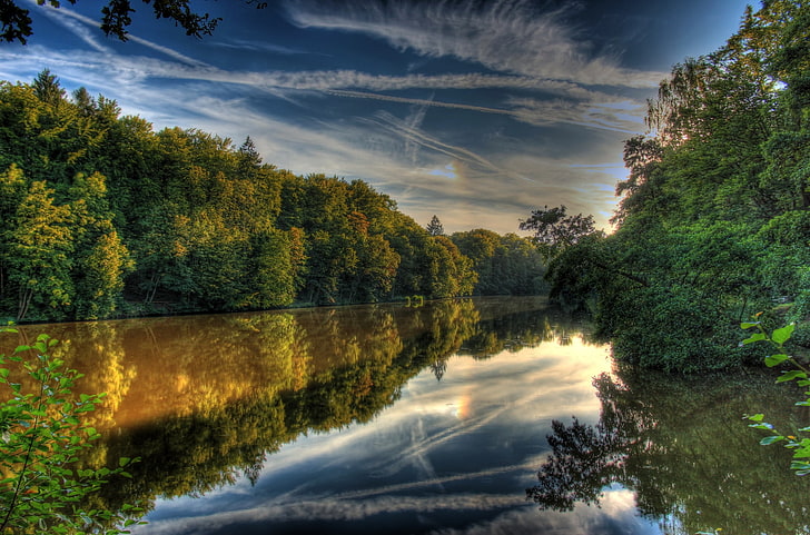river with surrounding trees, river, germany, landscape, hessen lich, hdr, nature, HD wallpaper